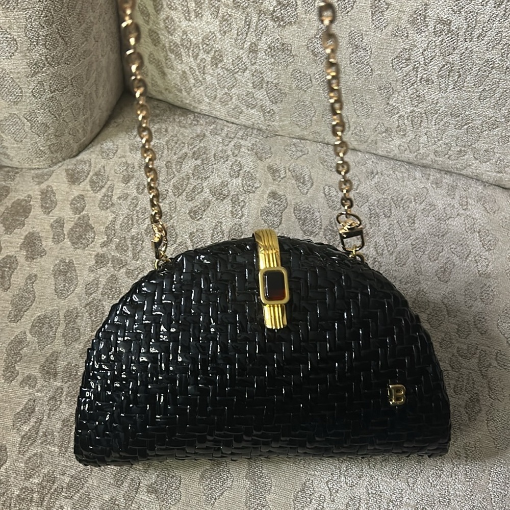 BALLY VINTAGE RARE Black Wicker and Lambskin Leather Clutch/Shoulder Bag - Picture 5 of 15